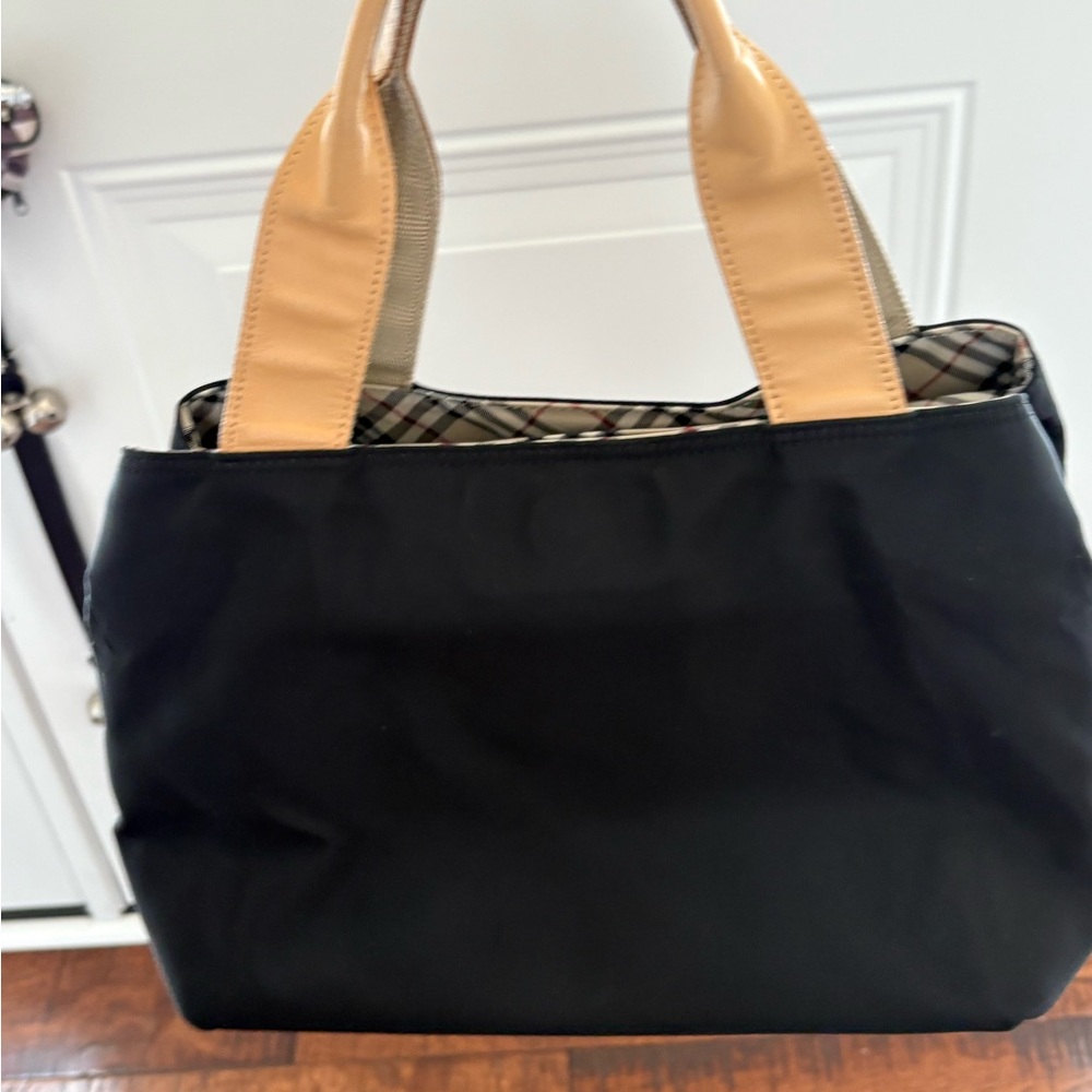 Burberry Black Canvas Tote/ Tan Leather Handles with Nova Check Bottom/Interior - Picture 12 of 16